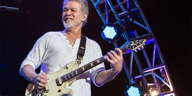 Guitarist Eddie Van Halen of Van Halen performs on stage at Sleep Train Amphitheatre on September 30, 2015 in Chula Vista, California.