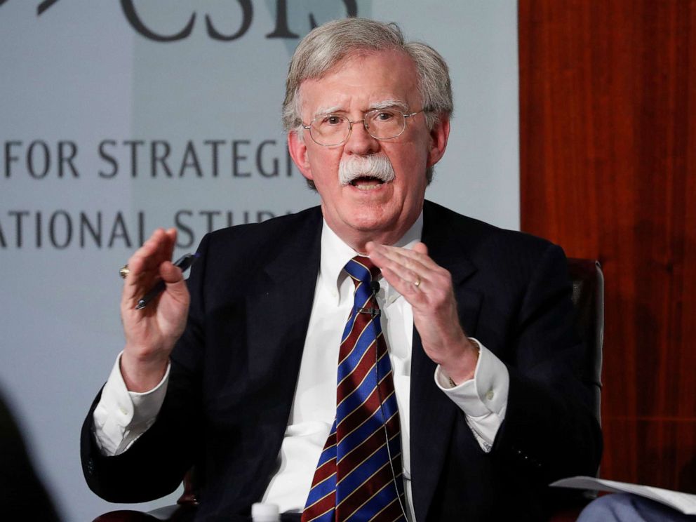 PHOTO: In this Sept. 30, 2019, file photo, former national security adviser John Bolton gestures while speaking at the Center for Strategic and International Studies in Washington, D.C.