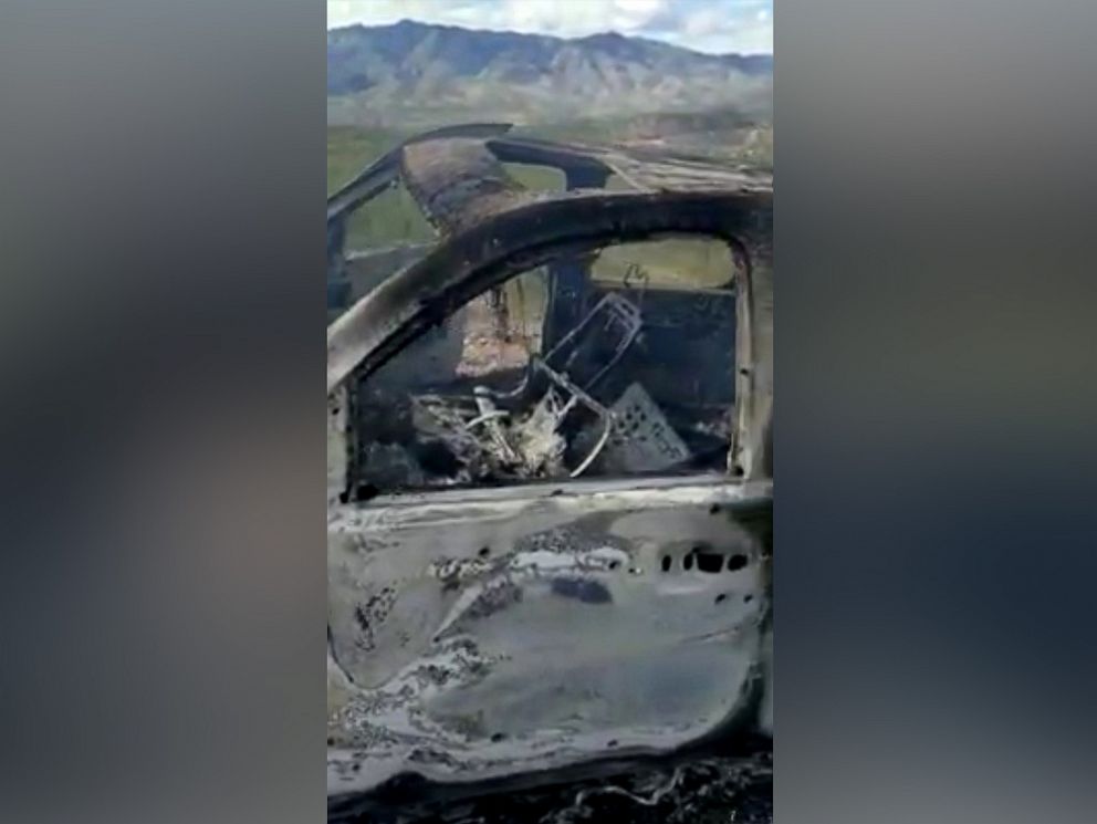 PHOTO: The burnt wreckage of a vehicle transporting a Mormon family living near the border with the U.S. is seen, after the family was caught in a crossfire between unknown gunmen from rival cartels, in Bavispe, Sonora, Mexico, Nov. 4, 2019.
