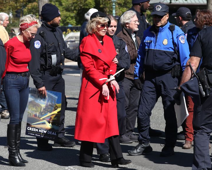 Jane Fonda is arrested for blocking a street in front of the U.S. Capitol during a &ldquo;Fire Drill Fridays&rdquo; climate c