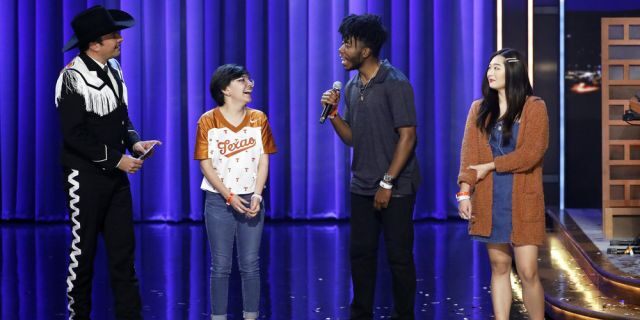 Jimmy Fallon with UT Austin students Alma Zamora (left), Fitzgerald Alan (middle) and Elizabeth Yoon (right) during the "Samsung Phone Giveaway."