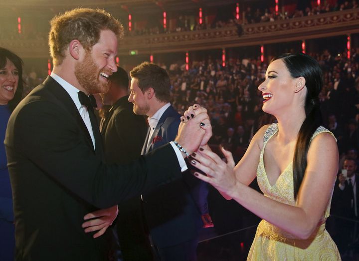 Prince Harry greets Kacey Musgraves after the Royal Variety Performance on Nov. 13, 2015, in London.