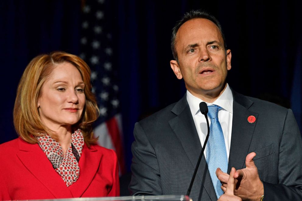 PHOTO: Kentucky Gov. Matt Bevin, right, and his wife, Glenna, speak to supporters gathered at a Republican Party event in Louisville, Ky., Tuesday, Nov. 5, 2019. Bevin did not concede the race to his opponent, electing to wait and see what happens.