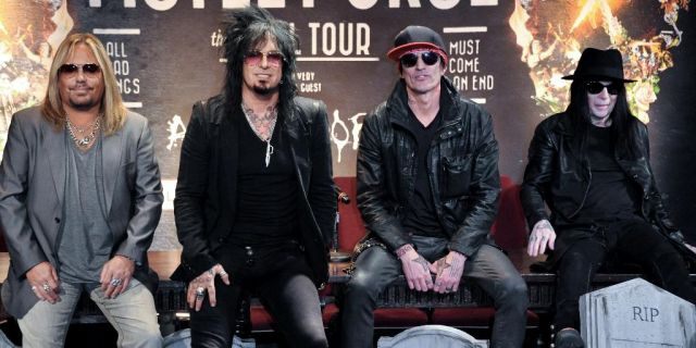 Vince Neil, Nikki Sixx, Tommy Lee, and Mick Mars of Motley Crue. (Photo by Richard Shotwell/Invision/AP, File)