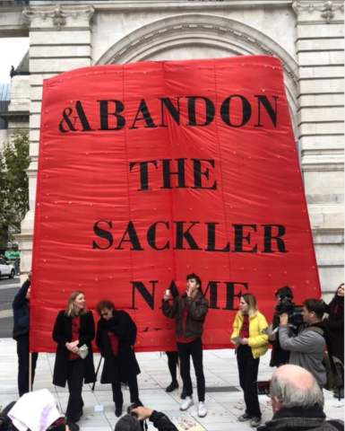Sackler P.A.I.N.'s protest at the Victoria & Albert Museum in London