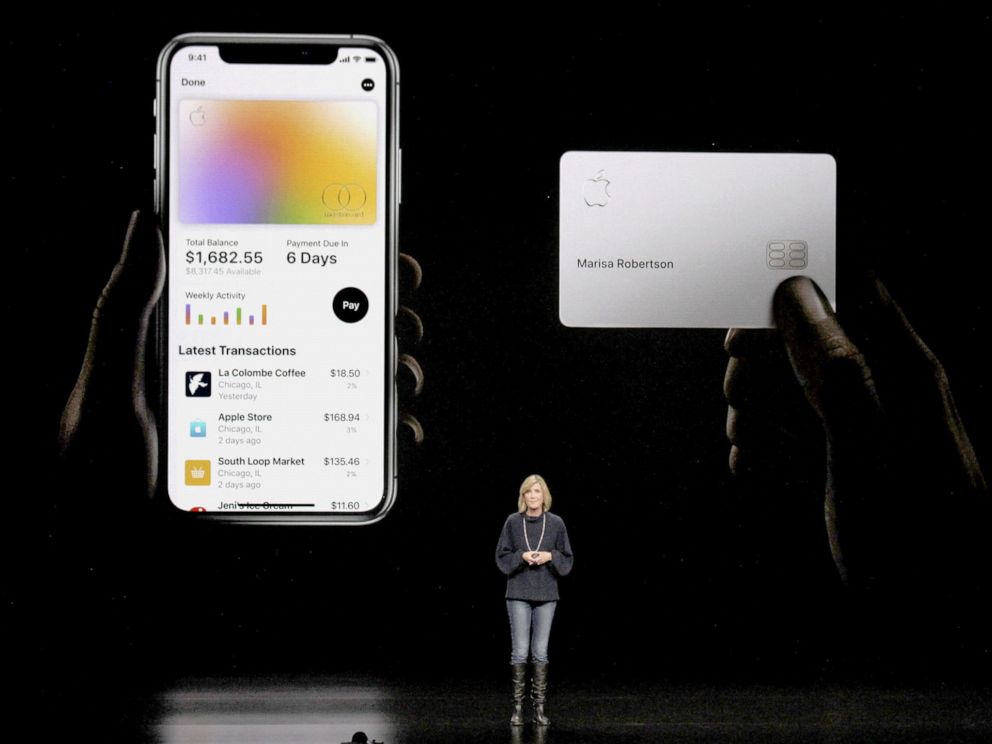 PHOTO: An Apple Inc. official explains Apple Card, a digital credit card available to iPhone users, at an event in Cupertino, Calif., March 25, 2019.