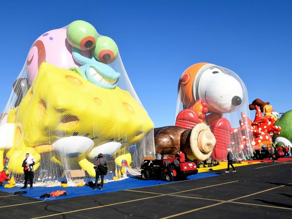 PHOTO: The balloons are seen being inflated as Macys unveils new giant character balloons for the 93rd annual Macys Thanksgiving Day Parade at MetLife Stadium, Nov. 2, 2019 in East Rutherford, N.J. 