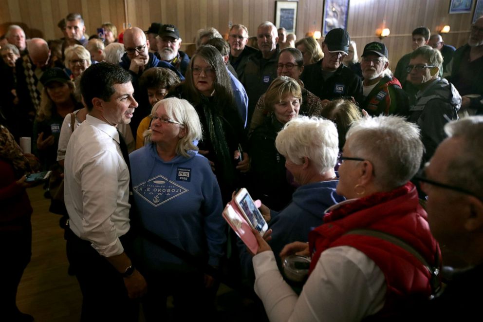 PHOTO: Democratic presidential candidate South Bend, Indiana Mayor Pete Buttigieg speaks to residents during a campaign stop at the VFW club, Nov. 4, 2019, in Algona, Iowa.