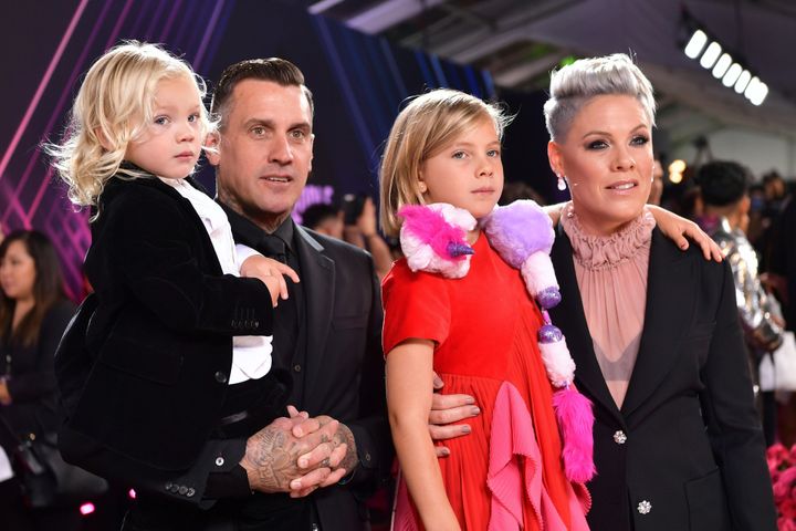 Carey Hart and Pink with children Jameson and Willow Hart arrive at the 2019 E! People's Choice Awards.