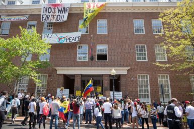 A protest outside the Venezuelan embassy in Washington, D.C., from which paintings have reportedly been stolen