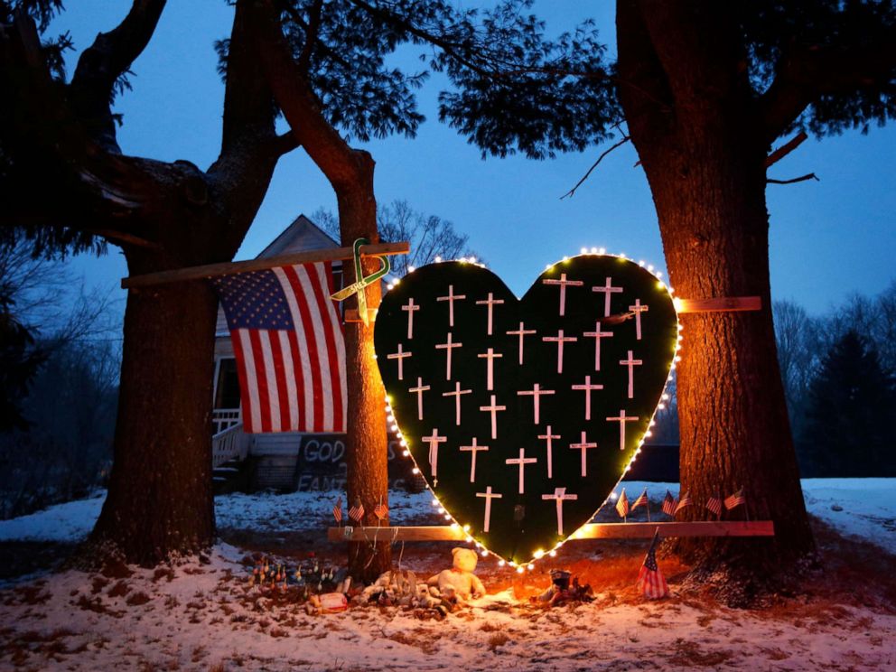 PHOTO: In this Dec. 14, 2013 file photo, a makeshift memorial with crosses for the victims of the Sandy Hook massacre stands outside a home in Newtown, Conn.