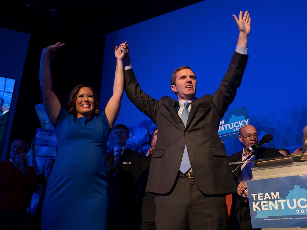 PHOTO: Democratic gubernatorial candidate and Kentucky Attorney General Andy Beshear, along with lieutenant governor candidate Jacqueline Coleman, acknowledge supporters, Tuesday, Nov. 5, 2019, in Louisville, Ky.