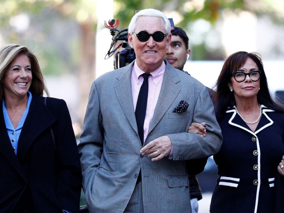 PHOTO: Roger Stone, former campaign adviser to President Donald Trump, arrives for the start of his criminal trial on charges of lying to Congress, obstructing justice and witness tampering at U.S. District Court in Washington, Nov. 5, 2019.