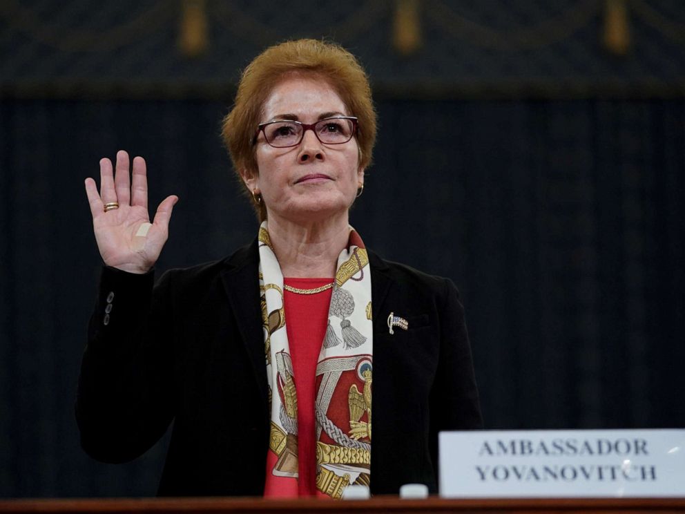 PHOTO: Marie Yovanovitch, former U.S. ambassador to Ukraine, is sworn in to testify before a House Intelligence Committee hearing as part of the impeachment inquiry into President Donald Trump on Capitol Hill in Washington, D.C., Nov. 15, 2019.