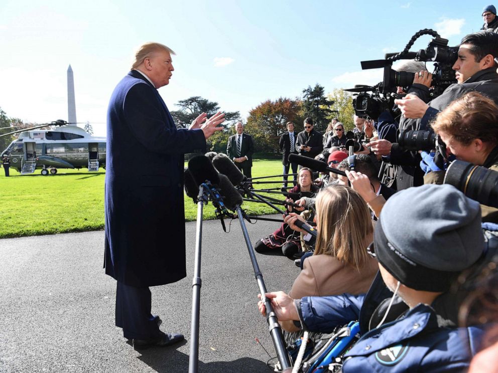 PHOTO: President Donald Trump speaks to the press before departing the White House in Washington, D.C., on Nov. 8, 2019.