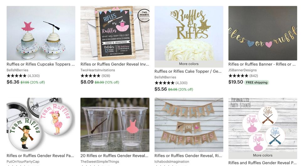 A sampling of the "Ruffles or Rifles?" merchandise you can find on Etsy.
