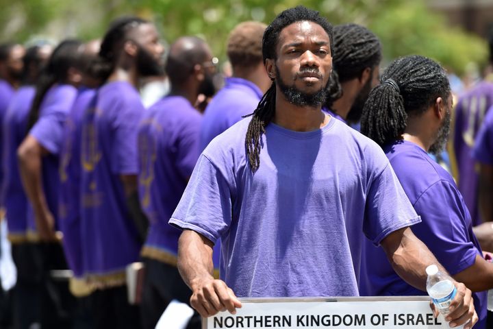 Members of the Black Hebrew Israelites gather for a prayer at the Emanuel AME Church, in Charleston, South Carolina on June 2