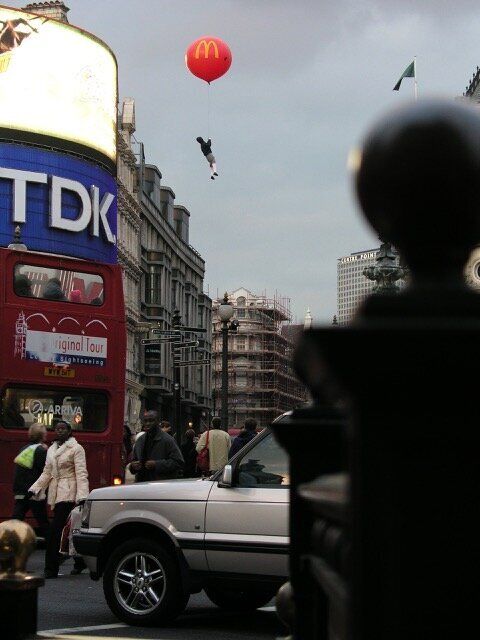 The stunt in London's busy Piccadilly Circus was one of several floating installations that Banksy unleashed in the English c