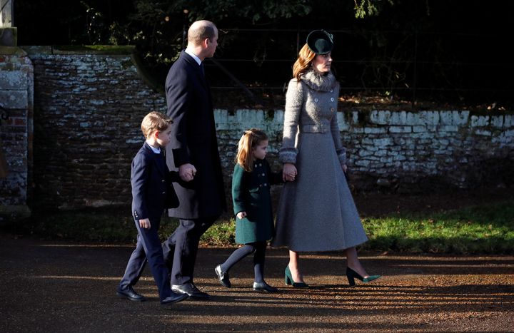 William Kate, Charlotte and George leave St. Mary Magdalene's church after the Royal Family's Christmas Day service.&nbsp;