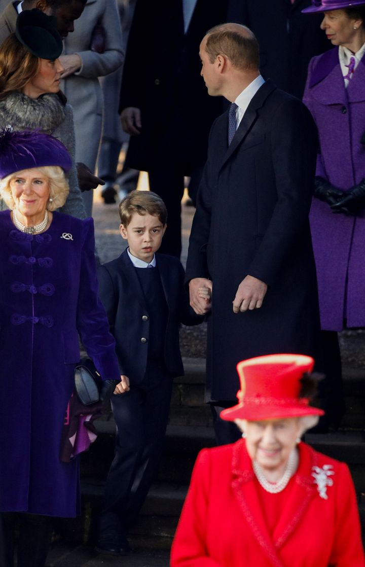 Queen Elizabeth, Camilla, William, the Duchess of Cambridge and Prince George leave the St Mary Magdalene's church.&nbsp;