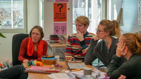 Extinction Rebellion volunteers in a meeting at the London headquarters.