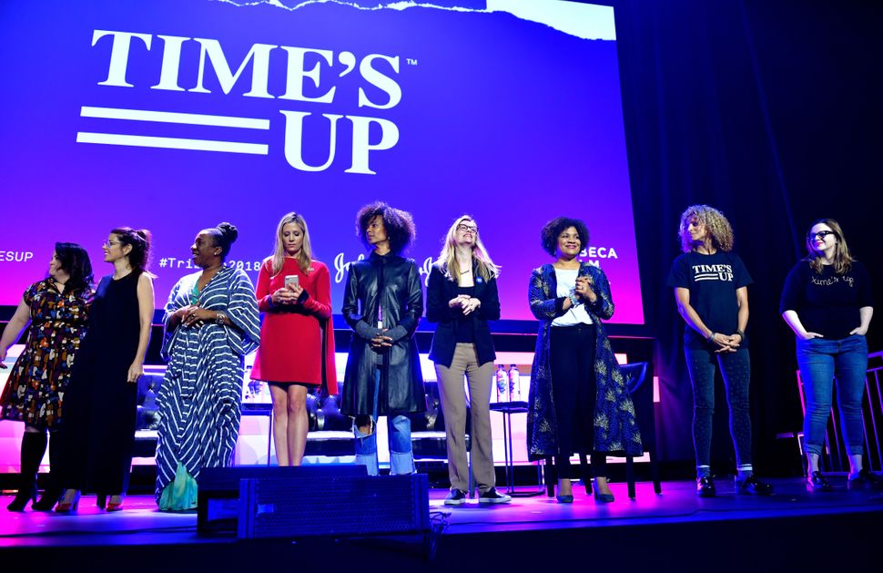 Christy Haubegger, Marisa Tomei, Tarana Burke, Mira Sorvino, Fatima Goss Graves and Amber Tamblyn pose onstage at "Time's Up"
