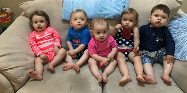 Within three months of each other, the women welcomed (L-R) Penelope, Adam, Layla, Annarose and Colton.