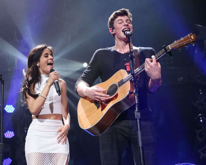 Camila Cabello and Shawn Mendes performing together in 2015.&nbsp;