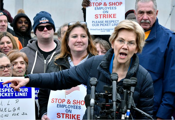 Sen. Elizabeth Warren (D-Mass.) speaks after joining striking Stop &amp; Shop supermarket employees on the picket line on Apr