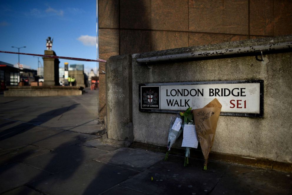 PHOTO: Flowers rest against a wall at the scene of yesterdays London Bridge stabbing attack on Nov. 30, 2019 in London.