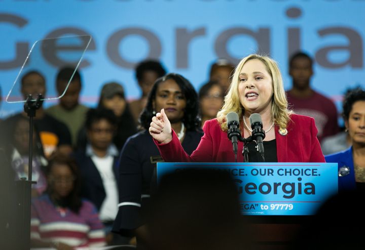 Sarah Riggs Amico addresses the crowd at a campaign rally at Morehouse College in November 2018, during her bid for Georgia l