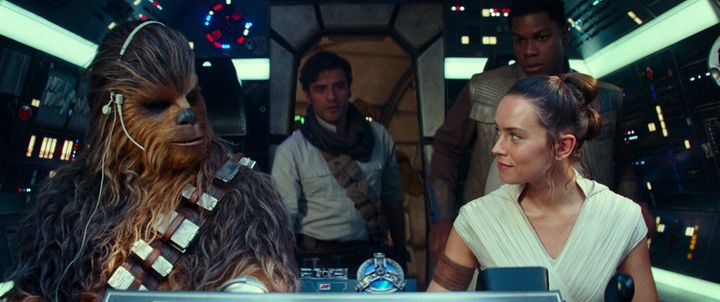 Joonas Suotamo is Chewbacca, Oscar Isaac is Poe Dameron, Daisy Ridley is Rey and John Boyega is Finn in "Star Wars: The Rise 