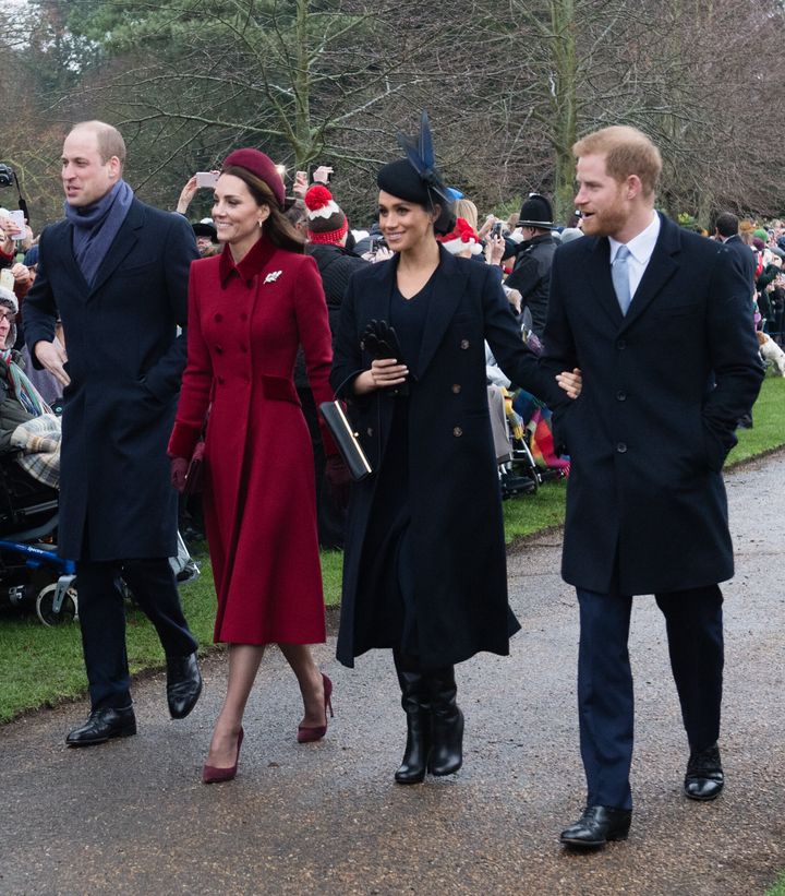 The Duke and Duchess of Cambridge and the Duke and Duchess of Sussex attend Christmas Day Church service at the Church of St 