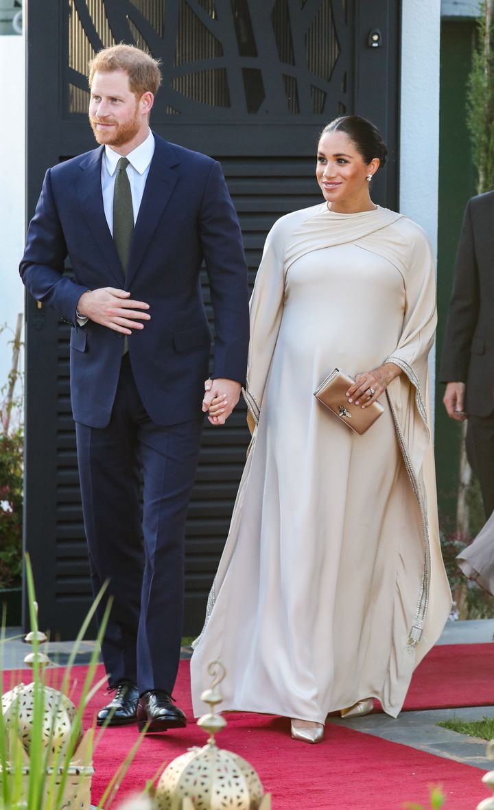 The Duke and Duchess of Sussex attend a reception hosted by the British ambassador to Morocco during the second day of their tour of Morocco on Feb. 24.