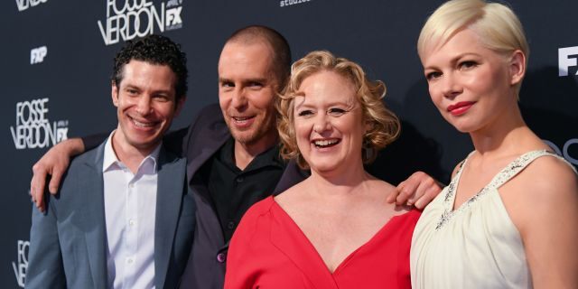 Left to right: "Fosse/Verdon" director Thomas Kail, star Sam Rockwell, producer Nicole Fosse and star Michelle Williams in 2019. (Photo by Mike Coppola/Getty Images)