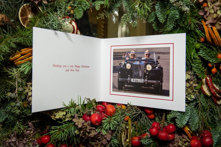 The Christmas card of Prince Charles and Camilla, Duchess of Cornwall is displayed at Clarence House in London on Dec. 20, 20
