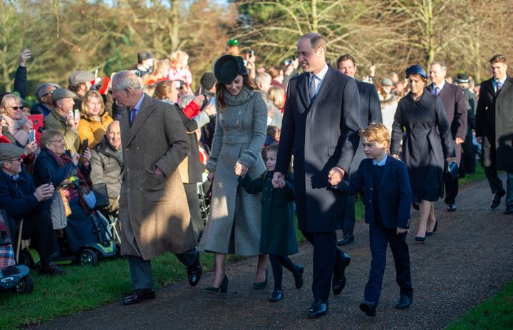 The Prince of Wales, the Duke and Duchess of Cambridge and their children Prince George and Charlotte arriving to attend the 