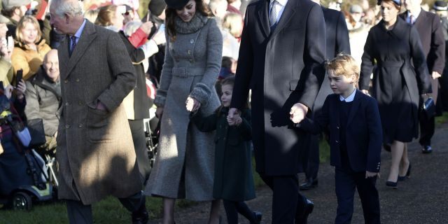 Britain's Prince Charles, Kate, Duchess of Cambridge, Prince William and their children Prince George, right, and Princess Charlotte arrive to attend the Christmas Day morning church service at St. Mary Magdalene Church in Sandringham, Norfolk, England, Wednesday, Dec. 25, 2019. (Joe Giddens/PA via AP)