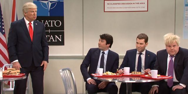 From left, Alec Baldwin, Jimmy Fallon, Paul Rudd and James Corden play world leaders at last week's NATO summit on "Saturday Night Live." (NBC)