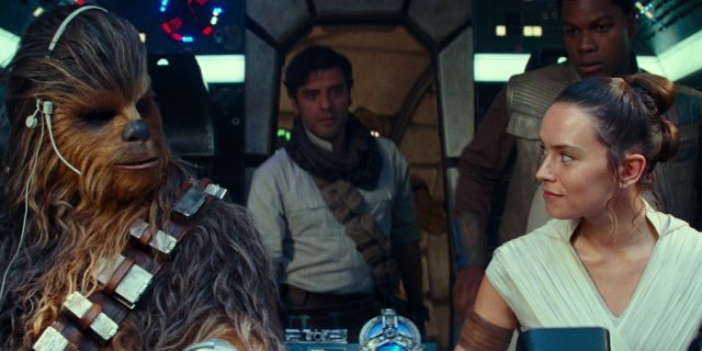 This image released by Disney/Lucasfilm shows, from left, Joonas Suotamo as Chewbacca, Oscar Isaac as Poe Dameron, Daisy Ridley as Rey and John Boyega as Finn in a scene from "Star Wars: The Rise of Skywalker."