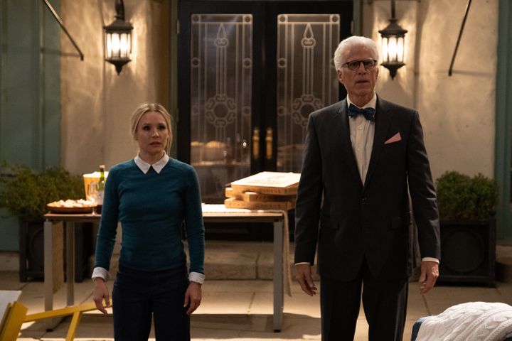 Kristen Bell as Eleanor and Ted Danson as Michael in NBC's "The Good Place," which is coming to an end after a four-season ru