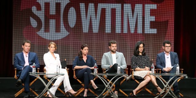 (L-R) Actors Dominic West, Ruth Wilson, Maura Tierney, Joshua Jackson, creator/executive producer Sarah Treem and executive producer/director Jeffrey Reiner speak onstage during the 'The Affair' panel discussion at the Showtime portion of the 2015 Summer TCA Tour at The Beverly Hilton Hotel on August 11, 2015 in Beverly Hills, California. 