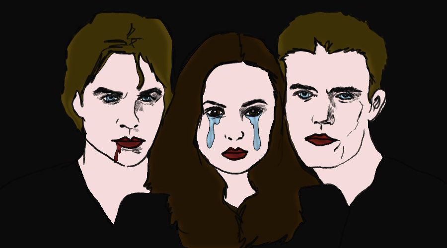Illustration of Damon Salvatore, Elena Gilbert and Stefan Salvatore of "The Vampire Diaries."&nbsp;