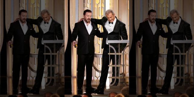 Host Ricky Gervais and presenter Mel Gibson speak onstage during the 73rd Annual Golden Globe Awards at The Beverly Hilton Hotel on January 10, 2016 in Beverly Hills, California. 