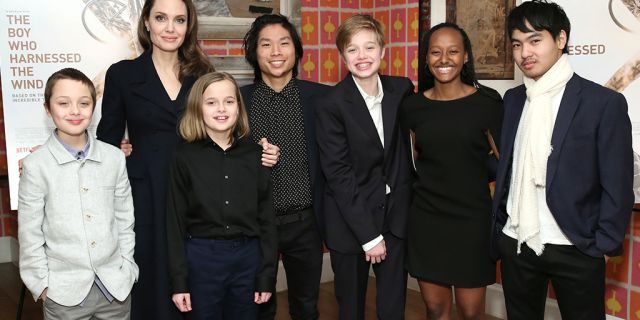 Angelina Jolie with children Knox Leon Jolie-Pitt, Vivienne Marcheline Jolie-Pitt, Pax Thien Jolie-Pitt, Shiloh Nouvel Jolie-Pitt, Zahara Marley Jolie-Pitt and Maddox Chivan Jolie-Pitt attend "The Boy Who Harnessed The Wind" Special Screening at Crosby Street Hotel on February 25, 2019 in New York City.