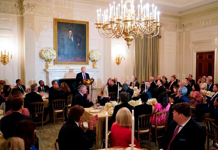 US President Donald Trump speaks at an event honoring Evangelical leadership in the State Dining Room of the White House on A