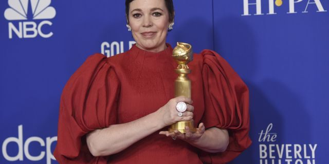 Olivia Colman poses in the press room with the award for best performance by an actress in a television series, drama for "The Crown" at the 77th annual Golden Globe Awards at the Beverly Hilton Hotel on Sunday, Jan. 5, 2020, in Beverly Hills, Calif.