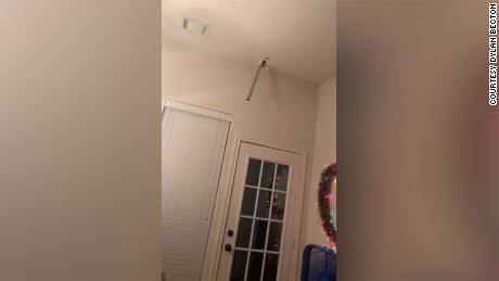 A trampoline pole crashed through the roof of Dylan Becton&#39;s home in College Station, Texas, on Friday.