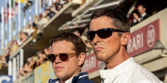 This image released by 20th Century fox shows Christian Bale, right, and Matt Damon in a scene from "Ford v. Ferrari."