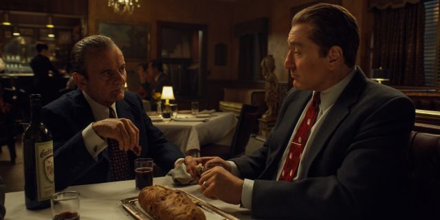 This image released by Netflix shows Joe Pesci, left, and Robert De Niro in a scene from "The Irishman."